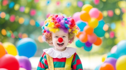 Happy Child in Clown Costume with Colorful Wig and Red Nose at Outdoor Party with Balloons