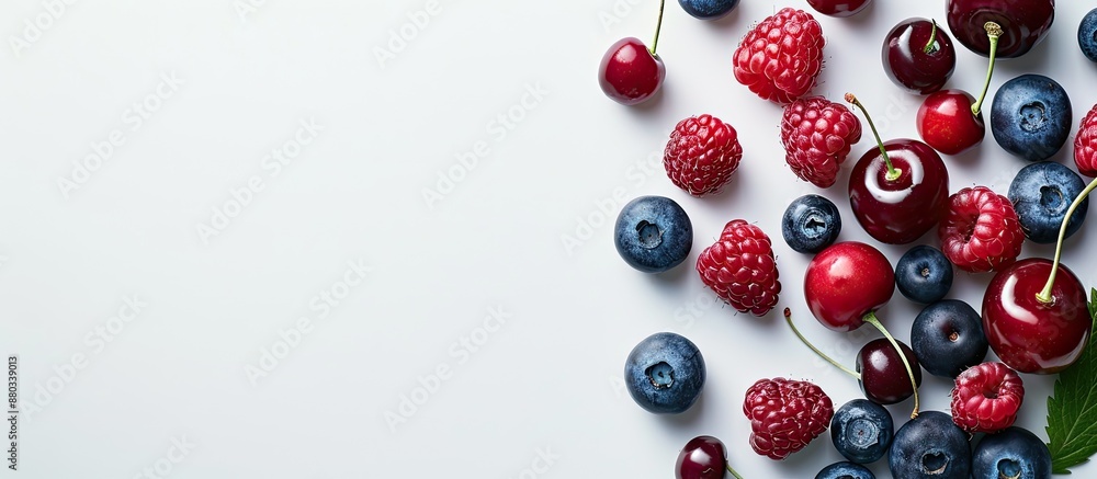 Aufkleber assorted berries like blueberries cherries and raspberries on a white background with copy space ima