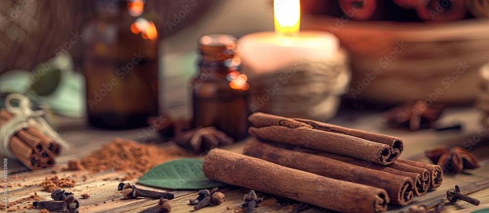 Poster organic cinnamon essential oil and sticks on wooden backdrop evoke a spa atmosphere for aromatherapy