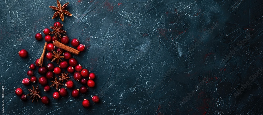 Poster Top view of a Christmas tree crafted from frozen cranberries cinnamon sticks and anise star on a dark background with ample copy space image