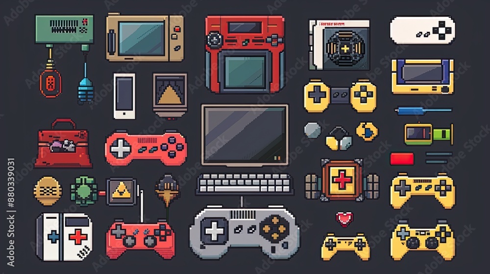 Poster retro pixel art icons with nostalgic 8-bit designs.