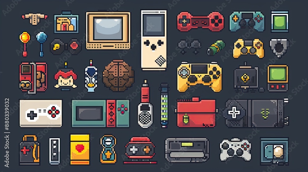 Poster retro pixel art icons with nostalgic 8-bit designs.