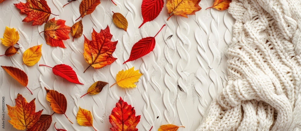 Aufkleber Top view of white knitted apparel adorned with autumn red and yellow leaves set against a background with available copy space image