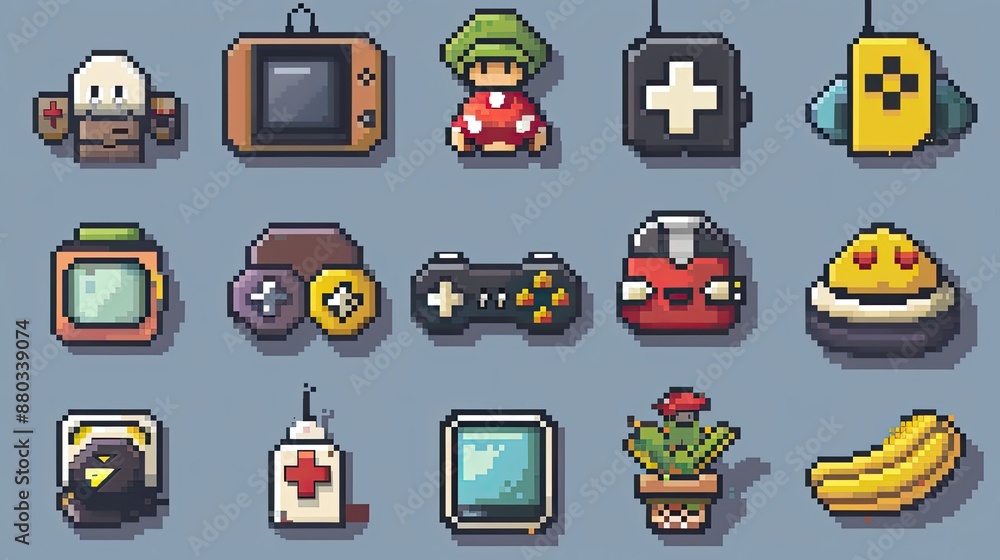 Fototapete retro pixel art icons with nostalgic 8-bit designs.