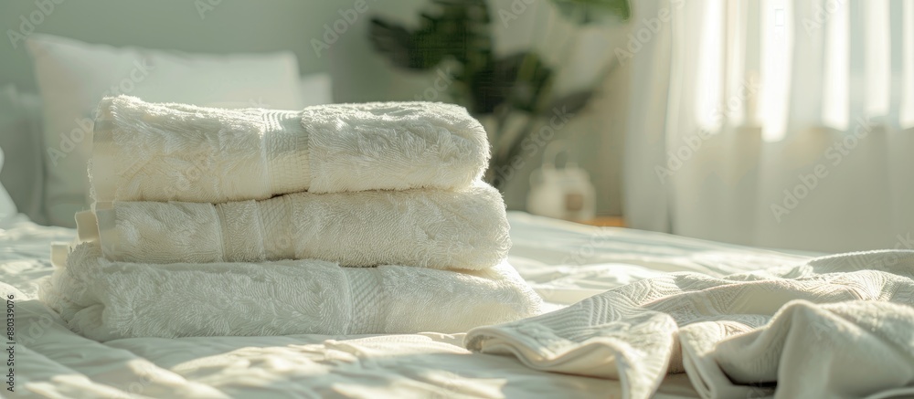Poster Clean towels neatly stacked on a bed with copy space image