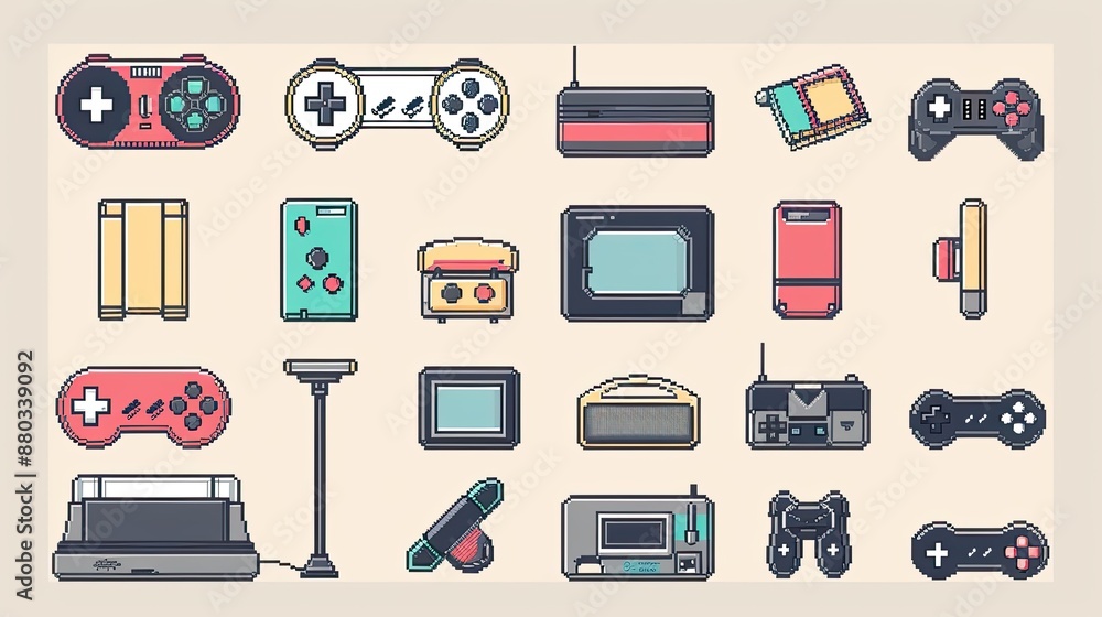 Fototapete retro pixel art icons with nostalgic 8-bit designs.