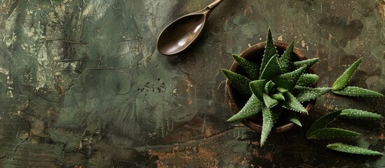 A bowl and spoon displaying cut aloe leaves against a textured grunge backdrop leaving space for additional image insertion