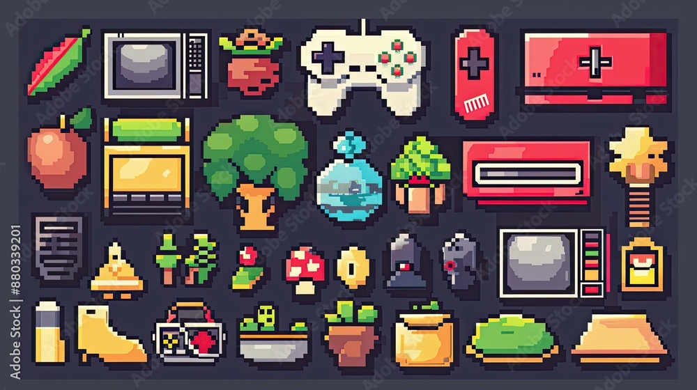 Poster retro pixel art icons with nostalgic 8-bit designs.