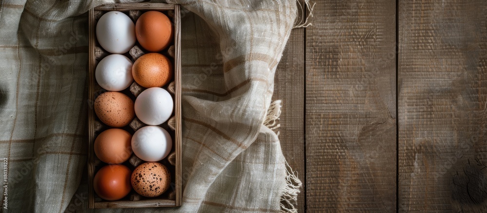 Fototapete Overhead view of chicken eggs in a wooden box on rustic fabric ideal for an Easter themed image with space for text. with copy space image. Place for adding text or design