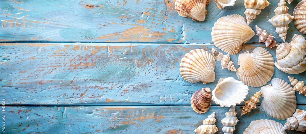 Poster blue wooden background with shells reflecting a summer and sea concept ideal for copy space image