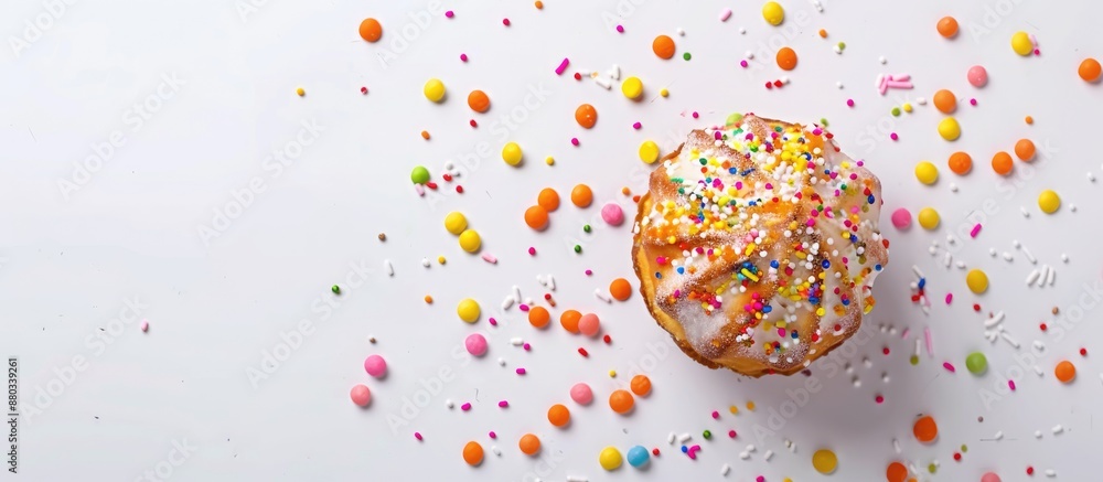 Poster Mini gugelhupf adorned with vibrant sugar sprinkles on a white background with ample copy space image