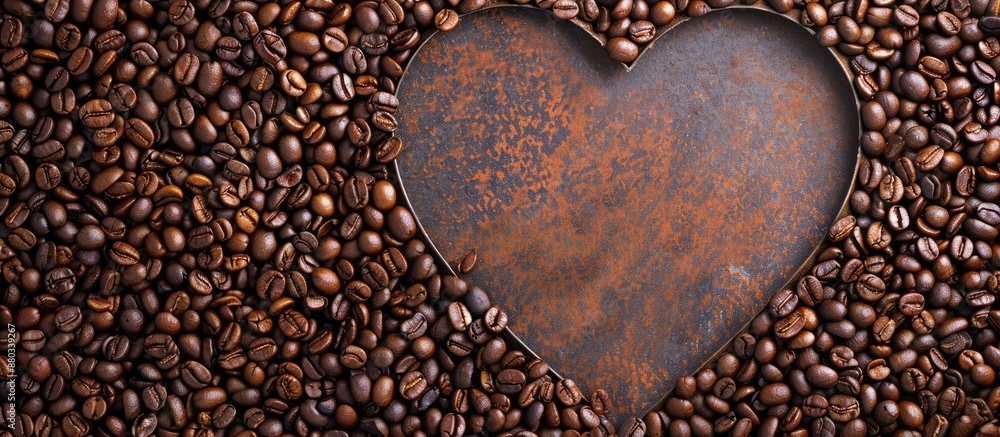 Poster heart frames outline a backdrop of coffee beans with a copy space image