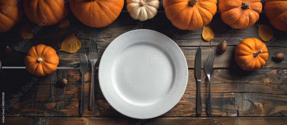 Poster Rustic Halloween table featuring an empty plate surrounded by pumpkins cutlery laid out creating a festive ambiance with available copy space image