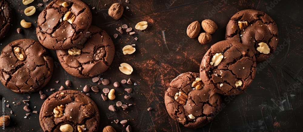 Poster Chocolate cookies with cashew nuts displayed on a vintage dark concrete table showcasing clear space for an image. with copy space image. Place for adding text or design