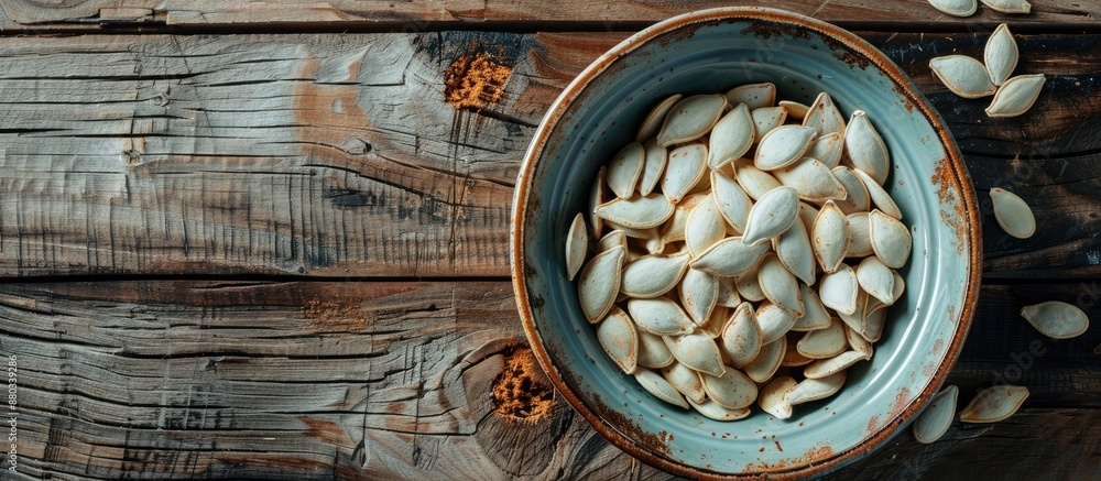 Fototapete close up of pumpkin seeds arranged in vintage dishes on a wooden surface with ample space for adding