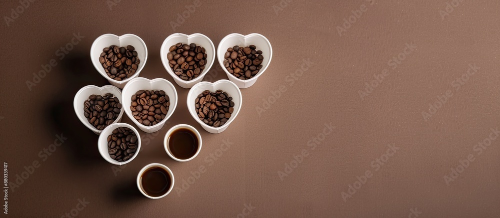 Poster White paper coffee to go cups arranged in a heart shape with coffee beans atop a brown background Includes white mock up paper cups for use as a copy space image