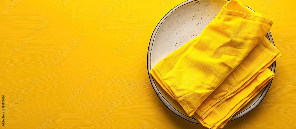 Poster top view of a yellow kitchen napkin on a table background folded neatly for a mockup with copy space