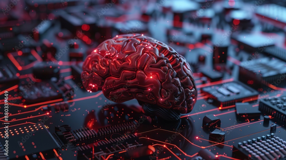 Poster 3d brain processor artificial intelligence concept on futuristic circuit board background