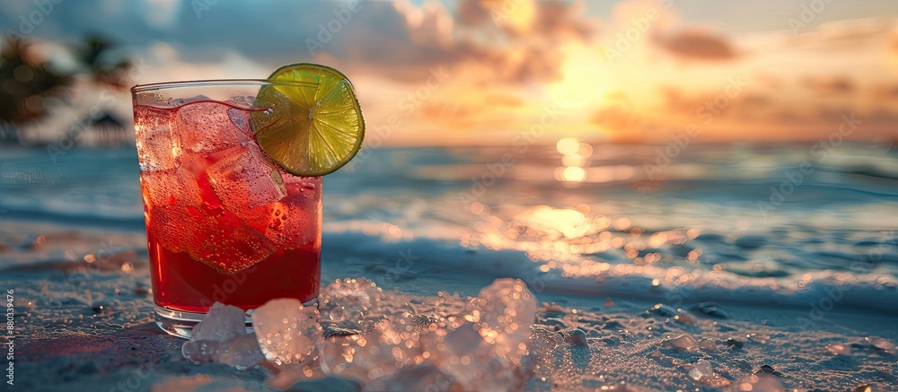 Aufkleber scenic seashore setting with a refreshing red cocktail featuring lime and ice ideal for a serene cop