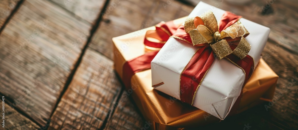 Poster gifts wrapped in white red and gold paper with vibrant ribbons displayed on a rustic wooden surface 