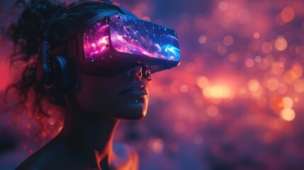 Woman wearing virtual reality headset immersed in a vibrant digital experience with neon lights and futuristic ambiance.