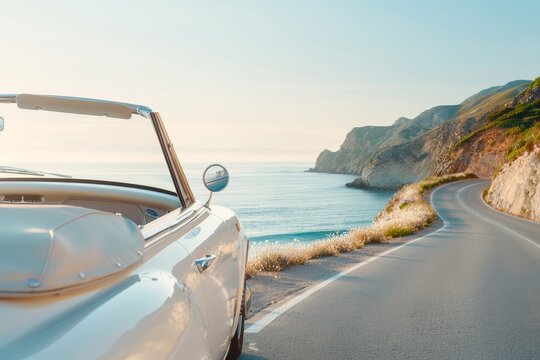 A white car is parked on a road next to the ocean