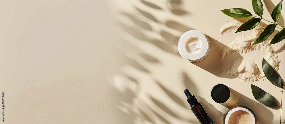 Poster Natural organic cosmetics displayed on a beige background with hard shadows creating a stylish copy space image
