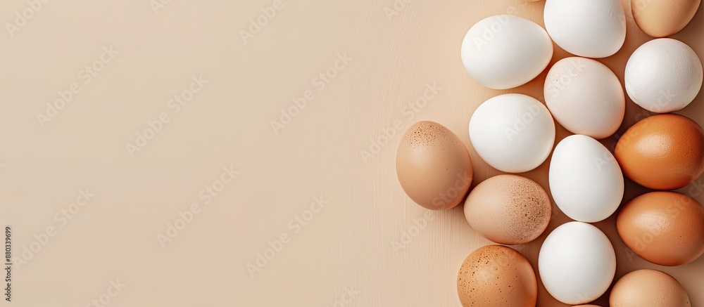 Aufkleber fresh chicken eggs neatly arranged with copy space image on a light beige background