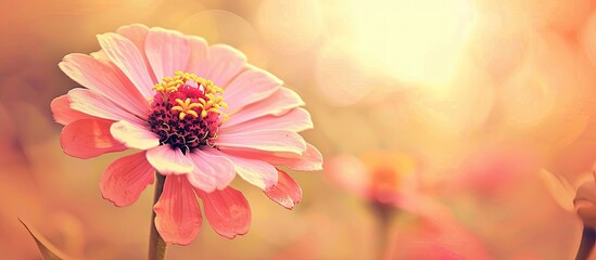 Soft vintage tones in a close up of a pink zinnia flower against a sunset backdrop make for a stunning nature inspired image with copy space for text ideal for wallpapers