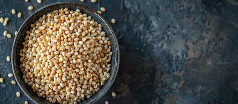 Bowl of organic pearled barley with copy space image