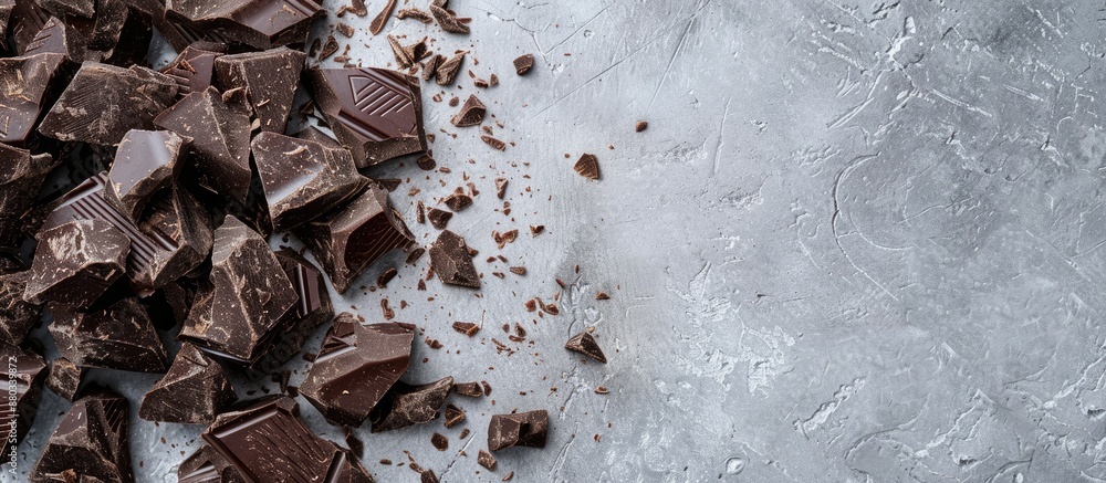 Poster top down view of chocolate chunks on a gray surface with ample copy space image