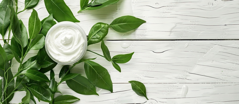 Aufkleber cosmetic cream placed on a fresh herbal leaf with a white wood background creating an elegant compos