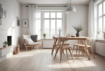 Fototapeta premium Scandinavian dining room with chairs and table, minimalistic interior with beige and ivory colors with sand and tan tones, serene and cohesive vibe.