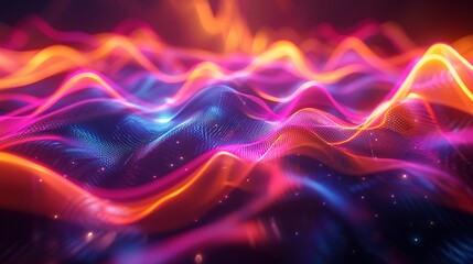 Fototapeta premium Abstract futuristic 3d render of blurry glowing wave and neon lines in digital fantasy wallpaper, spiritual energy concept with bright illuminated elements and cyber technology theme