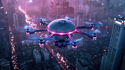 Fototapeta premium A smart air purifier drone flying through a city to monitor air quality