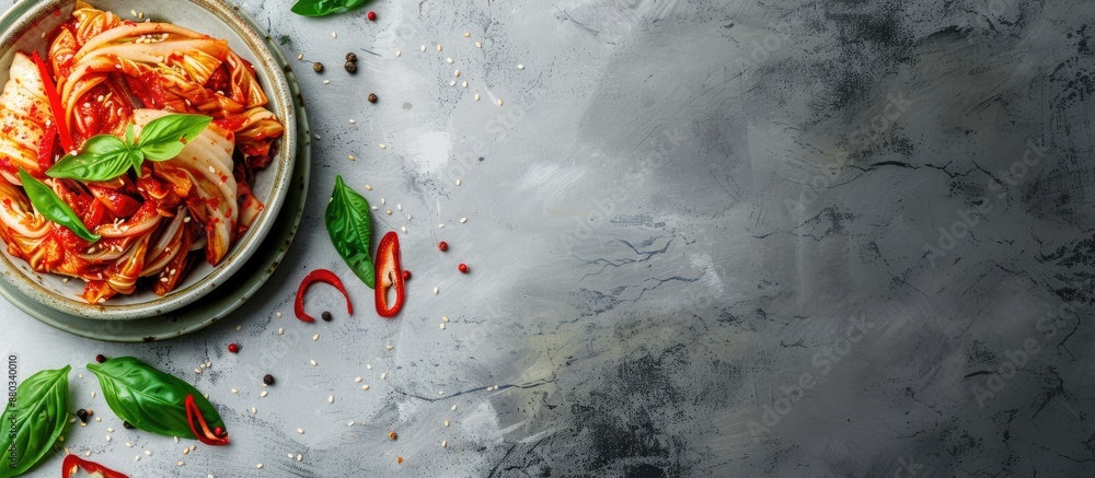 Poster traditional korean dish of kimchi cabbage displayed on a gray backdrop with ample copy space image