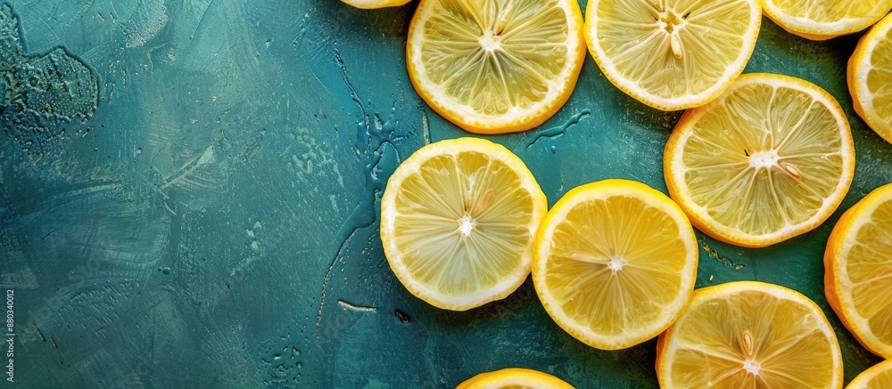 Poster top view of fresh ripe lemon slices arranged on a green table in a kitchen setting with a clear area