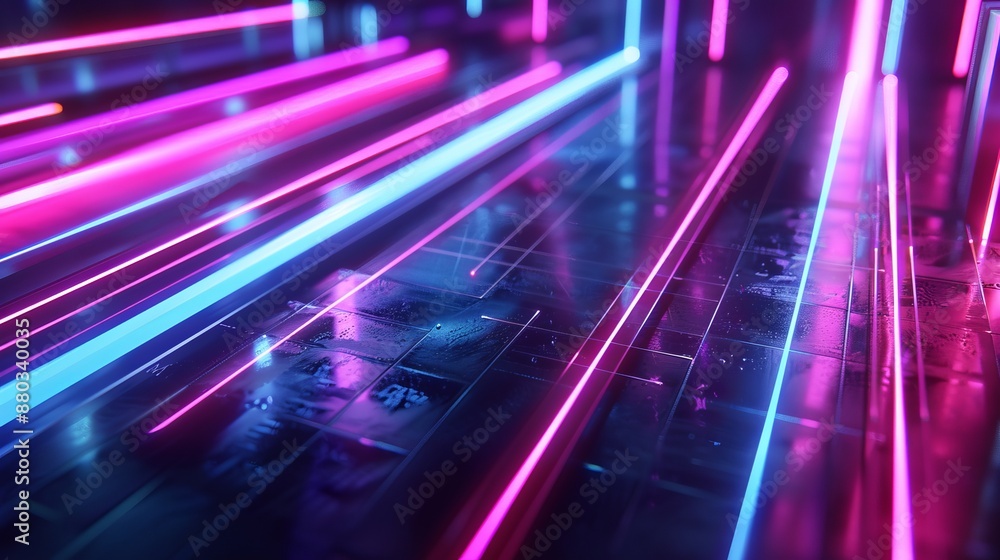 Poster 3d render of abstract futuristic neon background with glowing ascending lines in vibrant colors, per