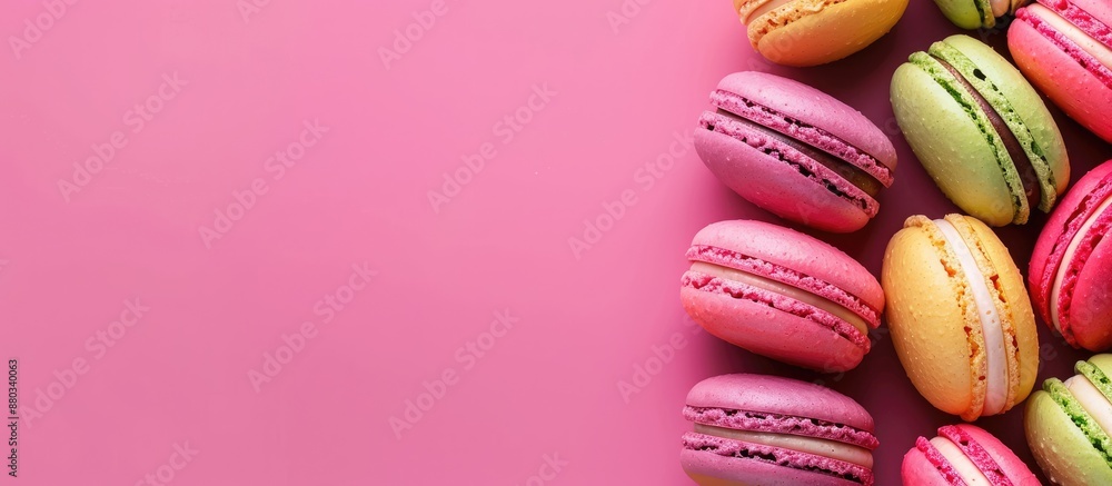Poster colorful macaroons arranged on a vibrant hot pink background perfect for showcasing with a copy spac