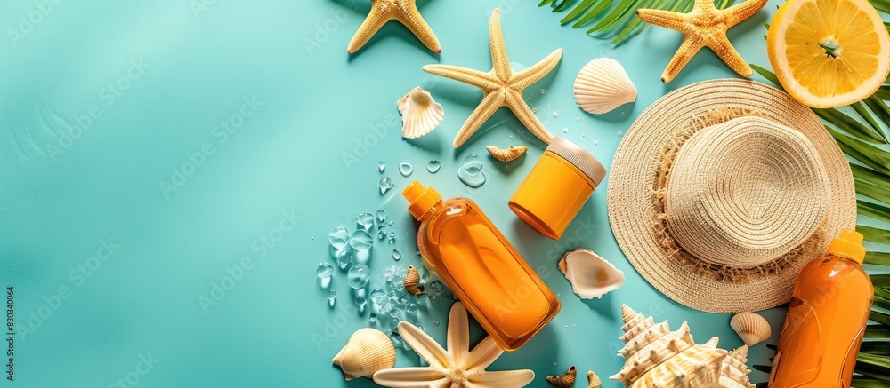 Aufkleber travel holiday concept with an arrangement of summer beach items like sunscreen a straw hat flip flo