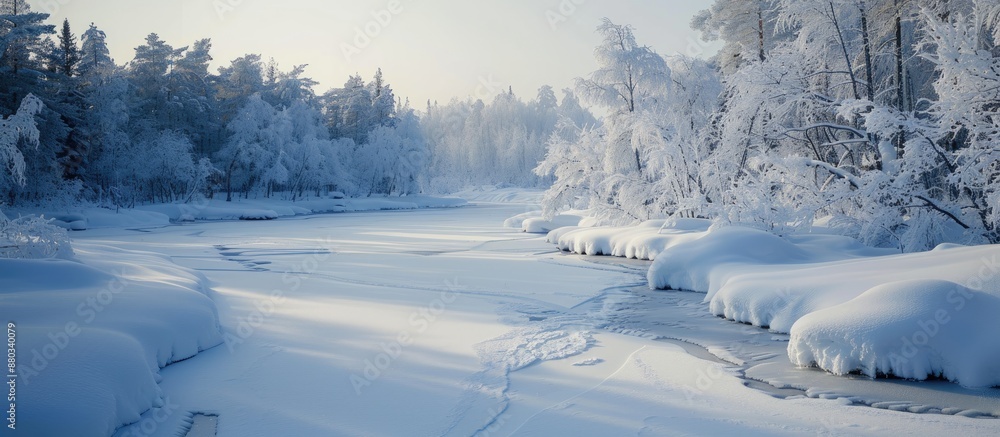 Poster in the chilly northern winter a blanket of white snow and frost envelops everything creating a seren