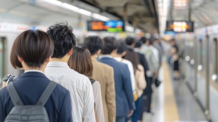 Fototapeta premium A group of people are waiting in line at a subway station