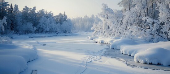 In the chilly northern winter a blanket of white snow and frost envelops everything creating a serene landscape with a captivating copy space image