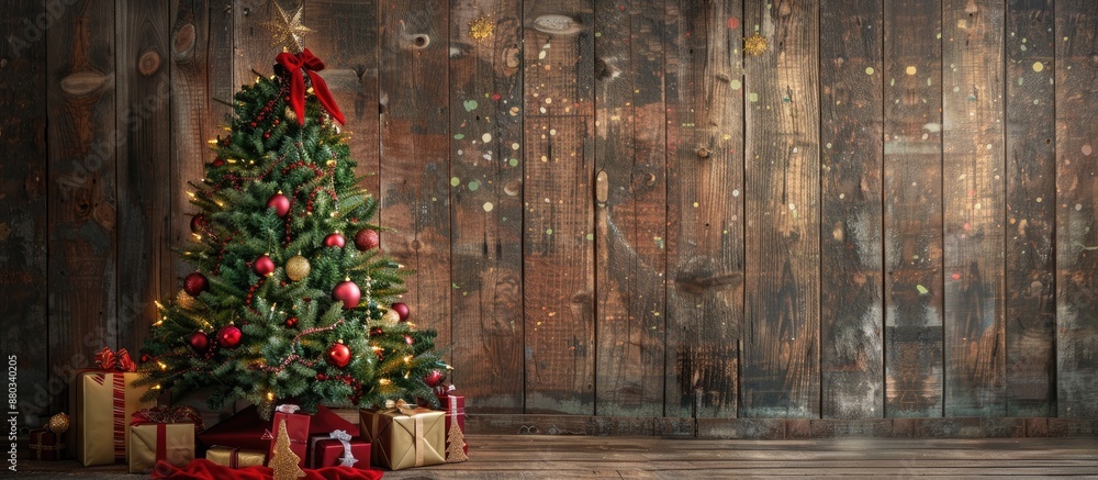Poster A Christmas tree set against a rustic wooden backdrop creates a festive ambiance with copy space image