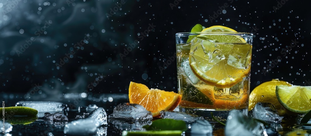 Poster chilled cocktail with lime lemon tonic vodka and ice on a black backdrop with copy space image