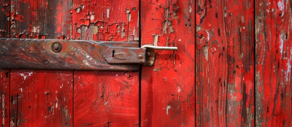 Aufkleber red wooden door with metal lock and handle set against a textured background of abstract wood planks