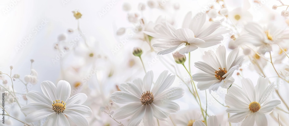 Poster white daisy flowers with a backdrop of other summer blooms in a copy space image