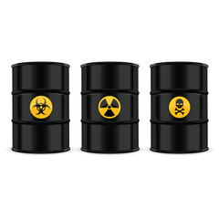 Three black barrels with hazard symbols: biohazard, radioactive, toxic. Vector