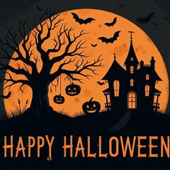 A spooky Halloween night background, pumpkins and dark castle. vector illustration.