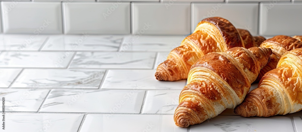 Fototapete Croissants displayed on a white ceramic tiled table with a blank space for text in the background. with copy space image. Place for adding text or design